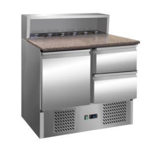 Pizza chladiaci stôl s chladiacou vitrínou 0,9x0,7 M / 2 zásuvky + 1dvere  (S vrchnou časťou z nehrdzavejúcej ocele a žulovou doskou - pre 5x GN 1/6)