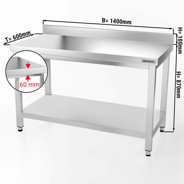 Nerezový pracovný stôl s lemom - 140 x 60 cm - so základnou policou