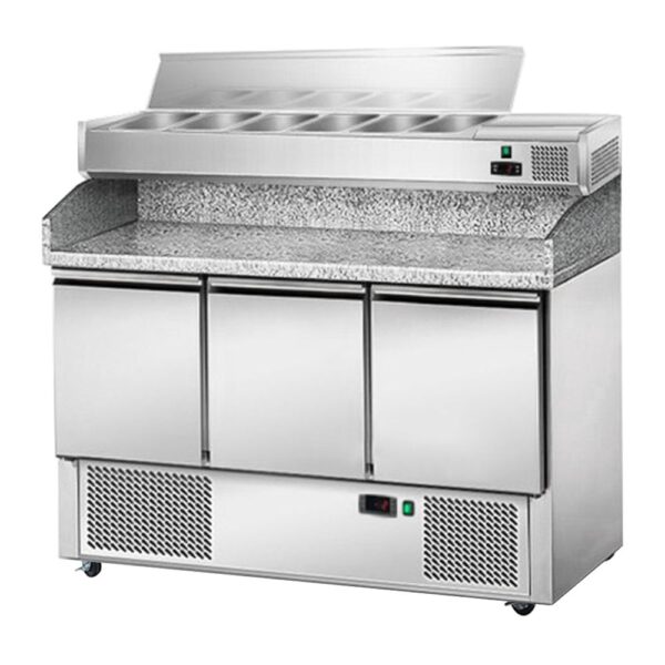 Chladiaci stôl na šaláty / pizzu s vitrínou 1,4 x 0,7 m - s 3 dverami