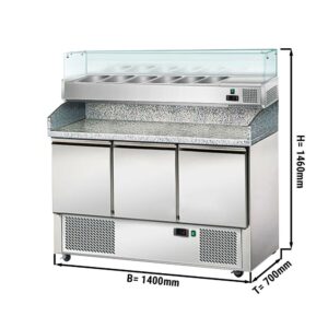 Chladiaci stôl na šaláty / pizzu s vitrínou 1,4 x 0,7 m - s 3 dverami