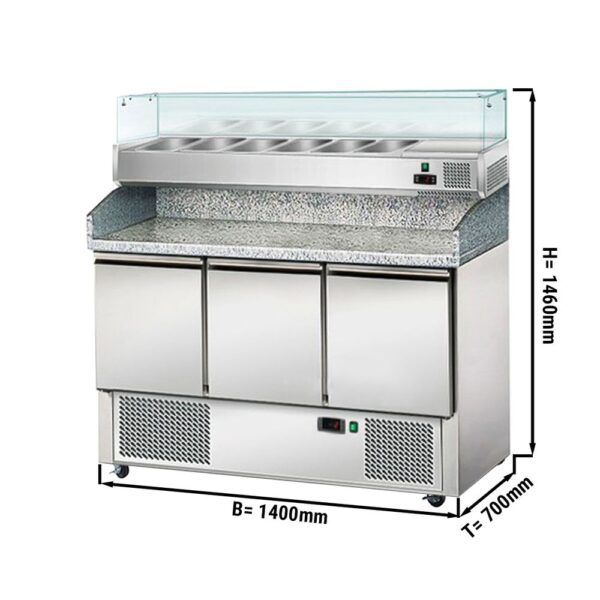Chladiaci stôl na šaláty / pizzu s vitrínou 1,4 x 0,7 m - s 3 dverami