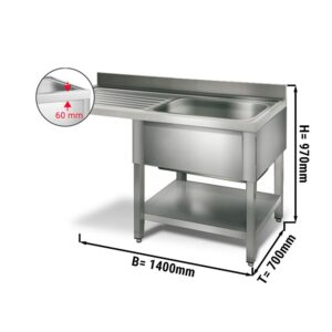 Umývací stôl , nerezový drez 1,4 x 0,7m  - 1 drez vpravo D 60 x Š 50 x H 30 cm