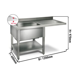 Umývací stôl , nerezový drez 1,2 x 0,6m  - 1 drez vľavo D 50 x Š 40 x H 25 cm