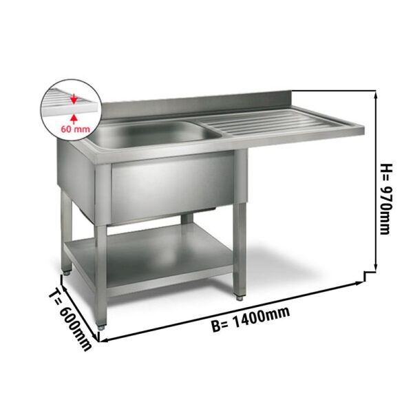 Umývací stôl , nerezový drez 1,4 x 0,6m  - 1 drez vľavo D 50 x Š 40 x H 25 cm
