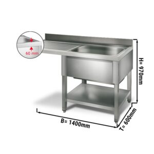 Umývací stôl , nerezový drez 1,4 x 0,6m  - 1 drez vpravo D 50 x Š 40 x H 25 cm