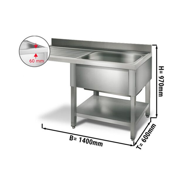 Umývací stôl , nerezový drez 1,4 x 0,6m  - 1 drez vpravo D 50 x Š 40 x H 25 cm