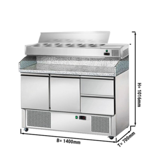 Chladiaci pult na pizzu ECO - 1,4 x 0,7 m - s 2 dvierkami a 2 zásuvkami 1/2 a vitrínou s nerezovým vekom