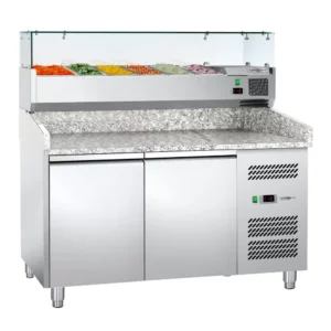 Chladiaci stôl na pizzu ECO - - 1,5 x 0,8 m - s 2 dverami (6x 1/3 GN so sklenenou doskou)