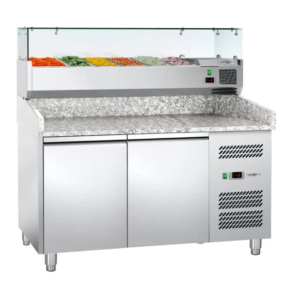 Chladiaci stôl na pizzu ECO - - 1,5 x 0,8 m - s 2 dverami (6x 1/3 GN so sklenenou doskou)