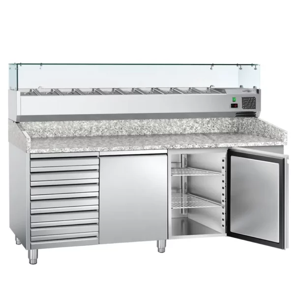 Chladiaci stôl na pizzu ECO - 2000x800mm - s 2 dvierkami a 7 zásuvkami - vrátane chladiacej vitríny - 9x GN 1/3 - Image 6