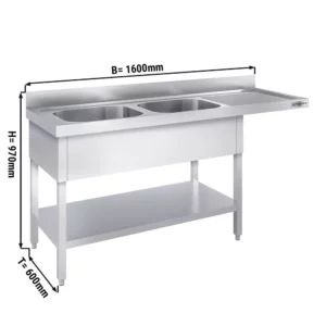 Umývací stôl, nerezový dvojdrez 1600x600mm - 2 umývadlá ľavo - Š400xH400xV250mm
