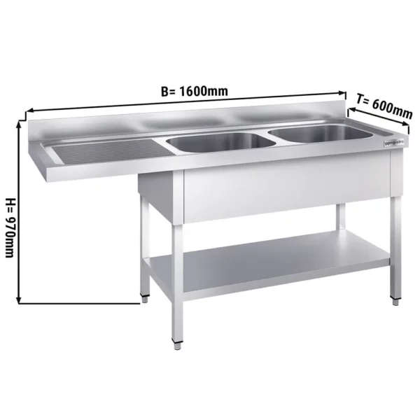 Umývací stôl, nerezový dvojdrez 1600x600mm - 2 umývadlá vpravo - Š400xH400xV250mm