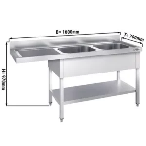 Umývací stôl, nerezový dvojdrez 1600x700mm - 2 umývadlá vpravo - Š400xH500xV250mm