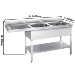 Umývací stôl, nerezový dvojdrez 1800x600mm - 2 umývadlá vpravo - Š500xH400xV250mm