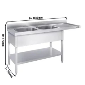 Umývací stôl, nerezový dvojdrez 1800x700mm - 2 umývadlá vľavo - Š500xH500xV300mm