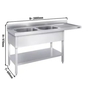 Umývací stôl, nerezový dvojdrez 2000x600mm - 2 umývadlá ľavo - Š500xH400xV250mm