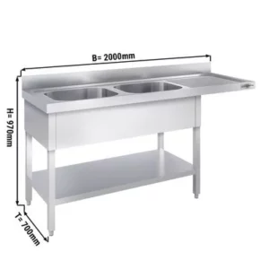 Umývací stôl, nerezový dvojdrez 2000x700mm - 2 umývadlá vľavo - Š600xH500xV300mm