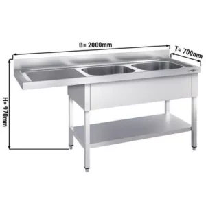 Umývací stôl, nerezový dvojdrez 2000x700mm - 2 umývadlá vpravo - Š600xH500xV300mm