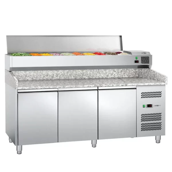 Chladiaci stôl na pizzu ECO - 2,0 x 0,8 m - s 3 dverami  vrátane chladiacej vitríny - 9x GN 1/3