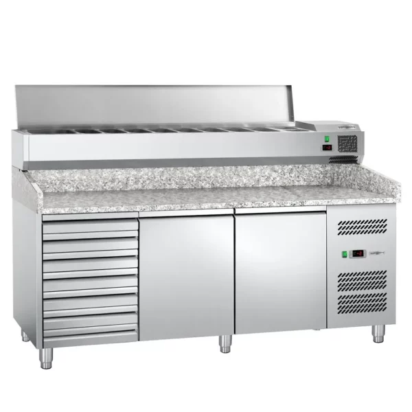 Chladiaci stôl na pizzu ECO - 2,0 x 0,8 m - s 2 dvierkami a 7 neutrálnymi zásuvkami - Image 3
