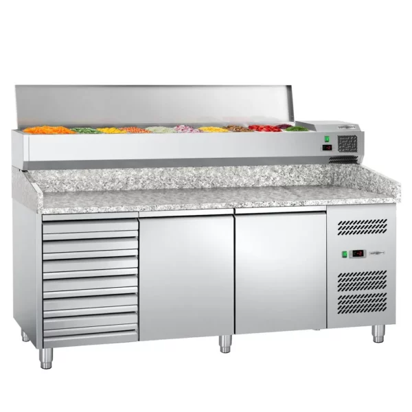 Chladiaci stôl na pizzu ECO - 2,0 x 0,8 m - s 2 dvierkami a 7 neutrálnymi zásuvkami