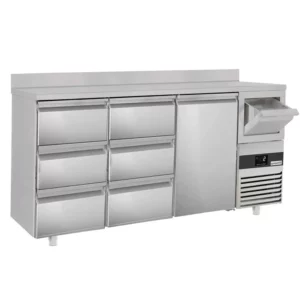 Barový a nápojový chladiaci stôl PREMIUM - 2130x600mm - 1 dvierka, 6 zásuviek, zásuvka a klopadlo na kávu