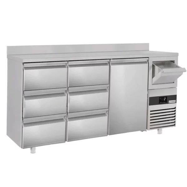 Barový a nápojový chladiaci stôl PREMIUM - 2130x600mm - 1 dvierka, 6 zásuviek, zásuvka a klopadlo na kávu