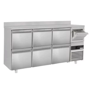 Barový a nápojový chladiaci stôl Premium - 2130x600mm - so 6 zásuvkami 1/2, podstavcom a klopačkou na kávu