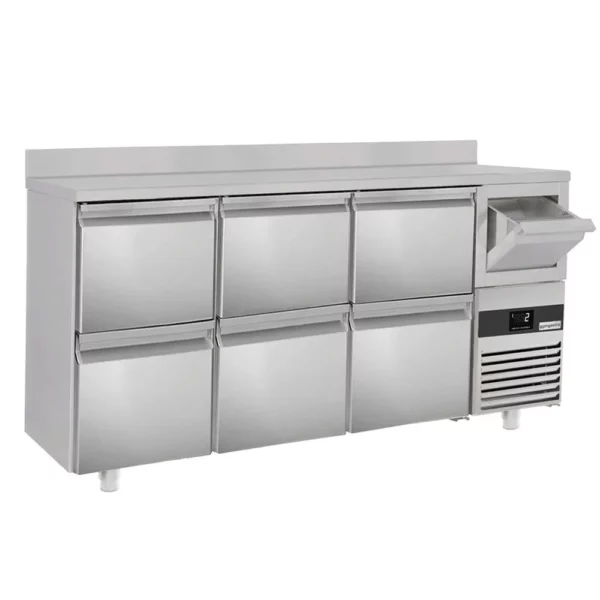 Barový a nápojový chladiaci stôl Premium - 2130x600mm - so 6 zásuvkami 1/2, podstavcom a klopačkou na kávu