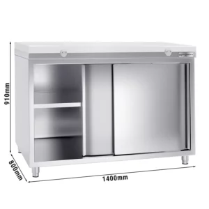 Nerezová pracovná skriňa PREMIUM - 1400x800mm - s posuvnými dverami bez podstavca vrátane reznej dosky
