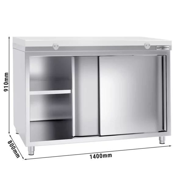 Nerezová pracovná skriňa PREMIUM - 1400x800mm - s posuvnými dverami bez podstavca vrátane reznej dosky