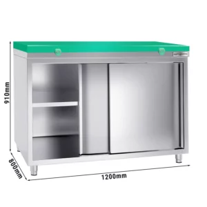 Nerezová pracovná skriňa PREMIUM - 1200x800mm - s posuvnými dverami bez podstavca vrátane reznej dosky