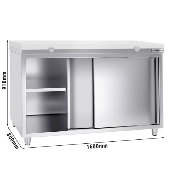 Nerezová pracovná skriňa PREMIUM - 1600x800mm - s posuvnými dverami bez podstavca vrátane reznej dosky