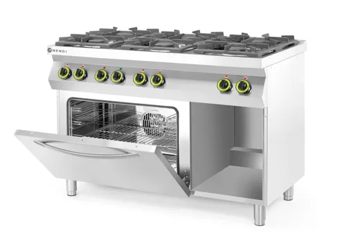 6-horákový plynový sporák Kitchen Line s konvekčnou elektrickou rúrou GN 1/1, HENDI, Kitchen Line, 230V/3000W, 28,5kW, 1200x722x(H)900mm