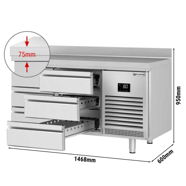 Chladiaci stôl PREMIUM PLUS - 1468x600 mm - so 6 zásuvkami a so zadnou stenou