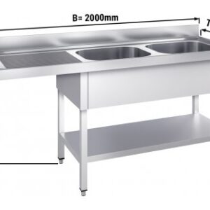 Umývací stôl, nerezový dvojdrez 2000x700mm - 2 umývadlá vpravo - Š600xH500xV300mm