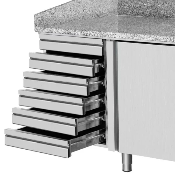 Chladiaci stôl na pizzu PREMIUM PLUS - 2305x800mm - s 2 dvierkami a 6 zásuvkami - vrátane chladiacej vitríny - 10x GN 1/3 - Image 2