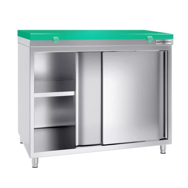 Nerezová pracovná skriňa PREMIUM - 1200x800mm - s posuvnými dverami bez podstavca vrátane reznej dosky - Image 4