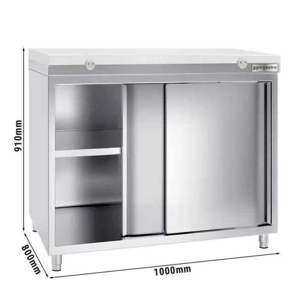 Nerezová pracovná skriňa PREMIUM - 1000x800mm - s posuvnými dverami bez podstavca vrátane reznej dosky
