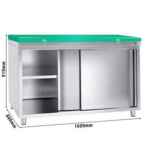 Nerezová pracovná skriňa PREMIUM - 1600x800mm - s posuvnými dverami bez podstavca vrátane reznej dosky