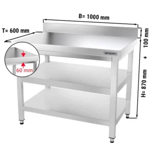 Nerezový pracovný stôl PREMIUM - 1000x600mm - so základnou policou, podstavcom a medzipoličkou