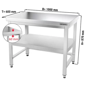 Nerezový pracovný stôl PREMIUM - 1000x600mm - s podnožou a výstuhou