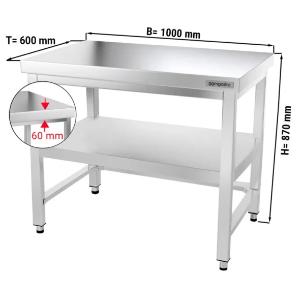Nerezový pracovný stôl PREMIUM - 1000x600mm - s podnožou a výstuhou