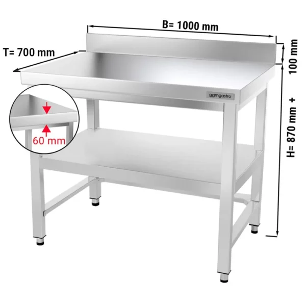 Nerezový pracovný stôl PREMIUM - 1000x700mm - s podnožou, podperou a výstuhou
