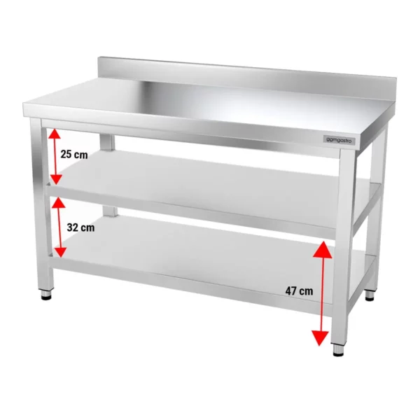 Nerezový pracovný stôl PREMIUM - 1400x600mm - so základnou policou, podstavcom a medzipoličkou - Image 3