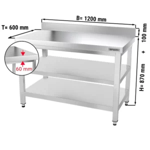 Nerezový pracovný stôl PREMIUM - 1200x600mm - so základnou policou, podstavcom a medzipoličkou
