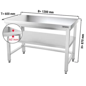Nerezový pracovný stôl PREMIUM - 1200x600mm - s podnožou a výstuhou