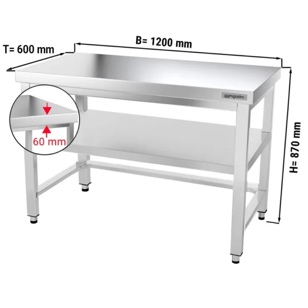 Nerezový pracovný stôl PREMIUM - 1200x600mm - s podnožou a výstuhou