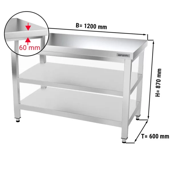 Nerezový pracovný stôl PREMIUM - 1200x600mm - so základnou policou a medzipoličkou