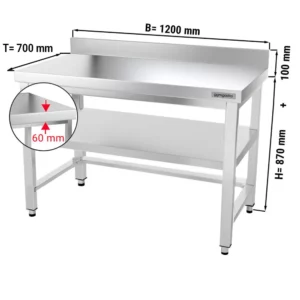 Nerezový pracovný stôl PREMIUM - 1200x700mm - s podnožou, podperou a výstuhou